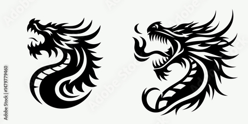 Dragon. Roar Fierce Aggressive Strong Open Mouth Strength Clipart silhouette Vector Illustration. Legendary reptile delve into mythic creatures and formidable winged beast folklore.