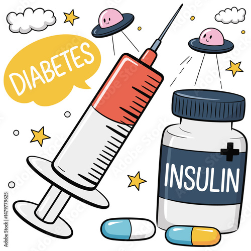 Diabetes Treatment Insulin, Syringe, and Medication Cartoon Illustration