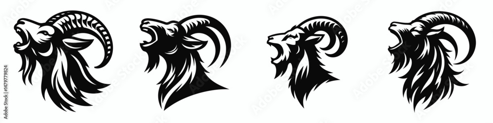 Naklejka premium Goat. Roar Fierce Aggressive Strong Open Mouth Strength Clipart silhouette Vector Illustration. Caprine livestock agricultural creature rural farm existence pastoral theme.
