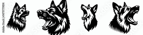 German Shepherd Dog. Roar Fierce Aggressive Strong Open Mouth Strength Clipart silhouette Vector Illustration. Canine protector devoted family friend working pedigree breed herding type.