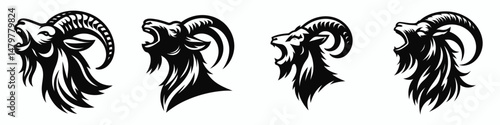 Goat. Roar Fierce Aggressive Strong Open Mouth Strength Clipart silhouette Vector Illustration. Caprine livestock agricultural creature rural farm existence pastoral theme.