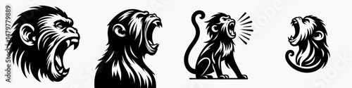 Monkey. Roar Fierce Aggressive Strong Open Mouth Strength Clipart silhouette Vector Illustration. Primate creature agile climber jungle dweller wildlife conservation theme.