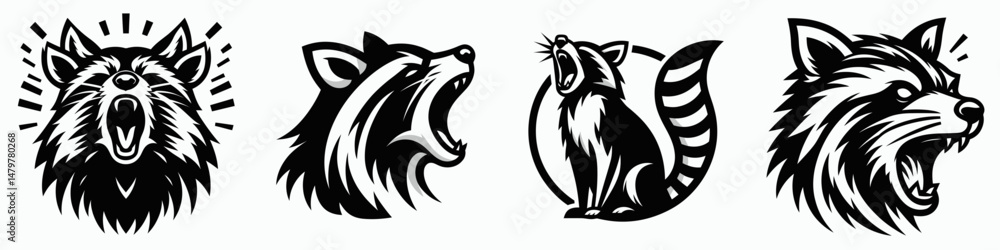 Fototapeta premium Raccoon. Roar Fierce Aggressive Strong Open Mouth Strength Clipart silhouette Vector Illustration. Masked mammal clever woodland creature observing the procyonid of nature.