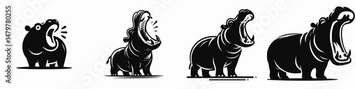 Pygmy hippo. Roar Fierce Aggressive Strong Open Mouth Strength Clipart silhouette Vector Illustration. Miniature jungle hippopotamus uncommon vulnerable mammal of africas swamp area.
