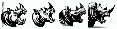 Rhino. Roar Fierce Aggressive Strong Open Mouth Strength Clipart silhouette Vector Illustration. Large pachyderm protection safeguarding vulnerable horned beast fauna of african savanna.