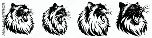 Ragdoll Cat. Roar Fierce Aggressive Strong Open Mouth Strength Clipart silhouette Vector Illustration. Gentle feline floppy kitty a breed guide to care for that lovely companion.