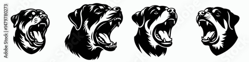 Rottweiler Dog. Roar Fierce Aggressive Strong Open Mouth Strength Clipart silhouette Vector Illustration. Canine guardian a robust german breed for family protection loyal friend.