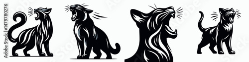 Russian Blue Cat. Roar Fierce Aggressive Strong Open Mouth Strength Clipart silhouette Vector Illustration. Elegant feline breed domestic shorthair pet charming companion animal.