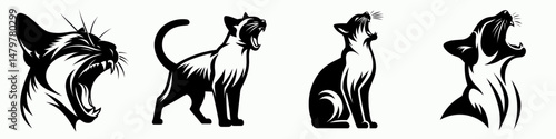 Siamese Cat. Roar Fierce Aggressive Strong Open Mouth Strength Clipart silhouette Vector Illustration. Thai feline elegant breed pointed coloration oriental companion lovable pet.
