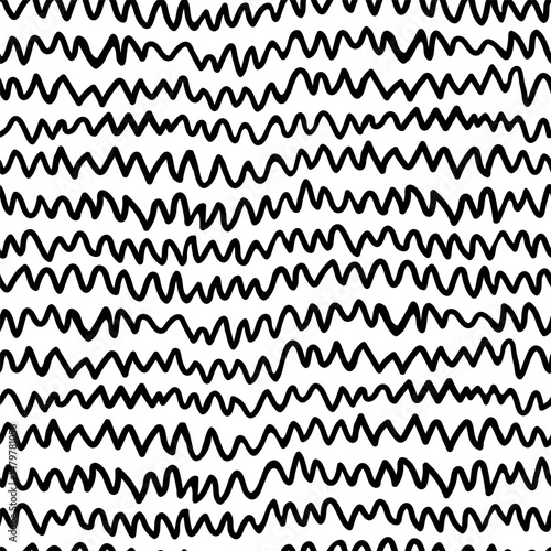 Zigzag seamless pattern in black and white. Irregular hand drawn zig zag line...