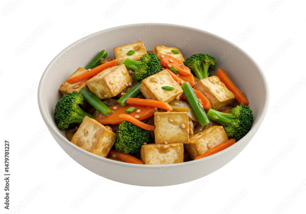 透明な背景に豆腐、ブロッコリー、ニンジンの炒め物とゴマを散らしたアジア料理のクローズアップ 透明な背景に豆腐、ブロッコリー、ニンジンの炒め物とゴマを散らしたアジア料理のクローズアップ