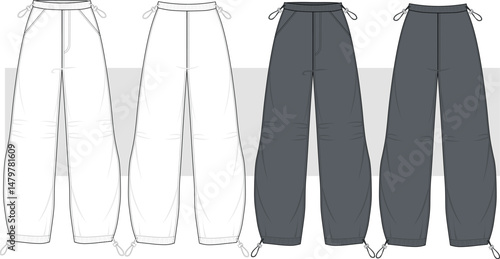 Women's High Waisted Baggy Cargo Jogger Pants, Trousers technical  fashion drawing, flat sketch, illustration.  Front and back view. Cad, Mockup. 