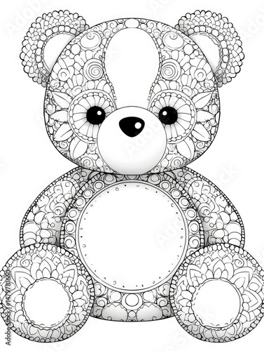 Detailed black and white teddy bear coloring page.