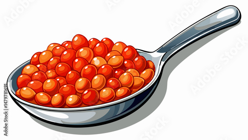 A gleaming silver spoon holds a vibrant mound of red salmon caviar, each glossy grain glistening like a precious gem. The clarity of each pearl-like sphere is showcased perfectly against the transpare