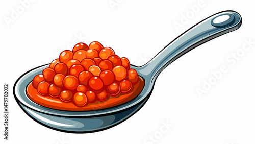 A gleaming silver spoon holds a vibrant mound of red salmon caviar, each glossy grain glistening like a precious gem. The clarity of each pearl-like sphere is showcased perfectly against the transpare