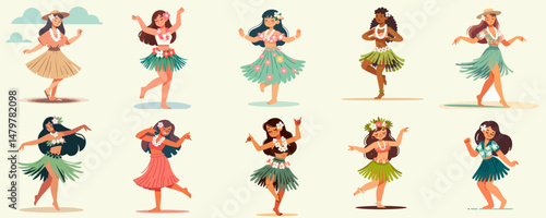 collection of a girl dancing Hawaiian. cartoon illustration