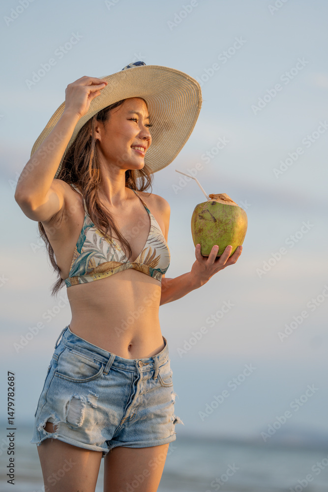 custom made wallpaper toronto digitalBeautiful woman In Bikini at the beach Woman holding tropical fruits, Pinrapple and watermelon on tropical beach day. Exotic vacation, sea voyage, summer holidays concept. Tourist Girl