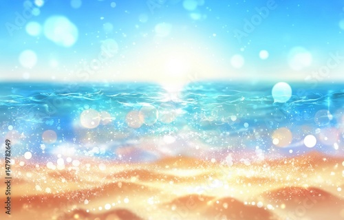 summer beach background with blue sea, sunlight, and bokeh effect, travel vacation banner