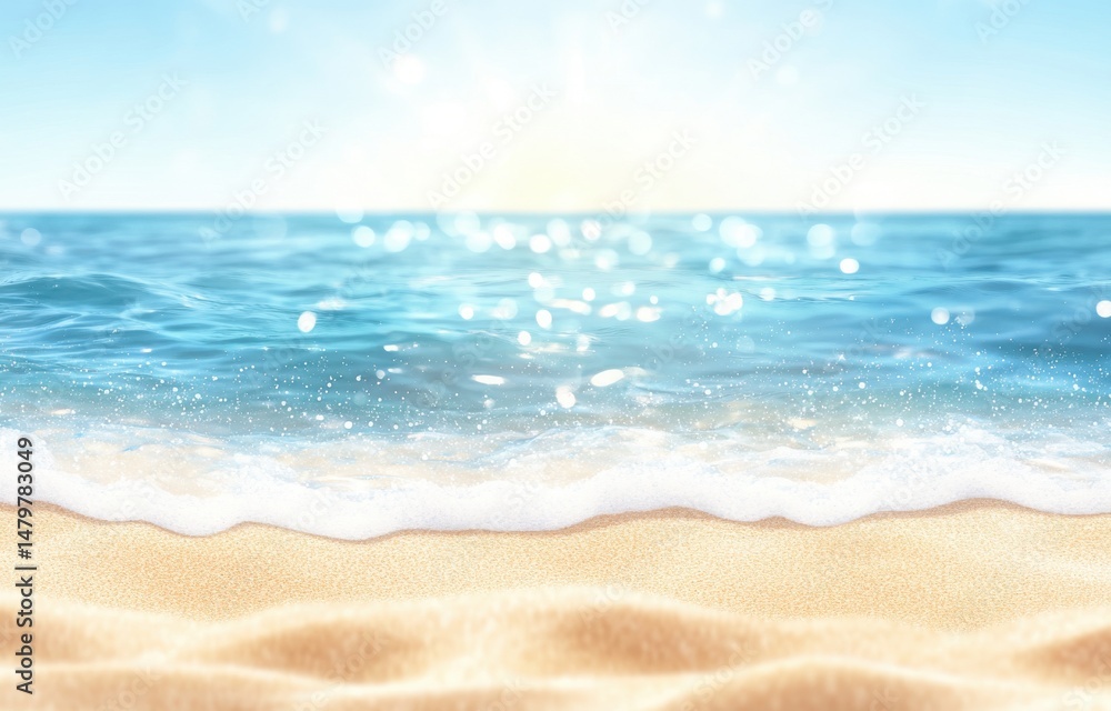 Obraz premium summer beach background with blue sea, sunlight, and bokeh effect, travel vacation banner