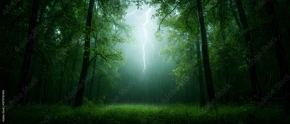 Fototapeta premium Rainy Forest With Lightning Storm