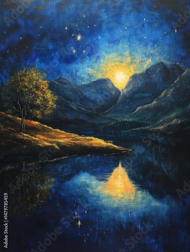 Oil Painting of Mountain Lake at Night with Starry Sky and Reflection Landscape Art