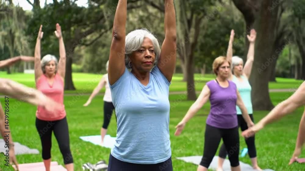 Black senior woman doing group yoga outdoors in park Black senior woman doing group yoga outdoors in park