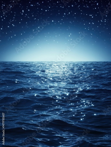 Night ocean under starry sky, serene seascape with sparkling water, calm waves reflecting starlight, tranquil scene, vertical