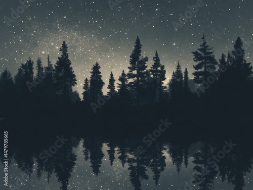 Forest Silhouette Reflection at Night with Starry Sky and Milky Way in Background Scenic Landscape