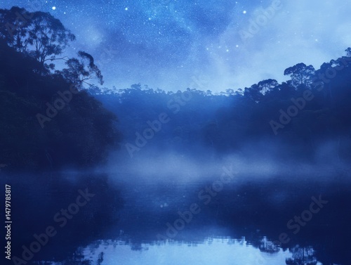 Tranquil Lake Reflecting Starry Night Sky in Forest Landscape at Nighttime in Mysterious Blue Tone