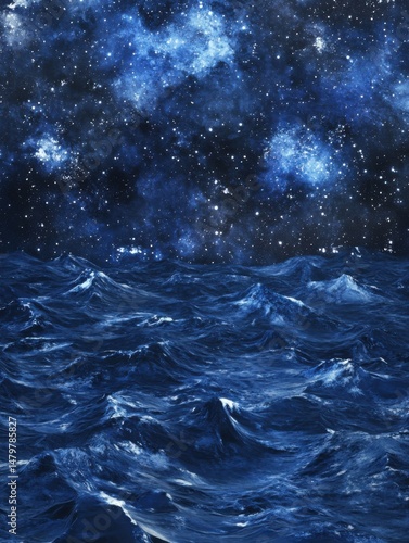 Ocean waves under a starry night sky view from sea level blue water scenic landscape fantasy concept
