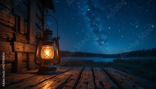Fototapeta Naklejka Na Ścianę i Meble -  Glowing lantern illuminates rustic wooden cabin porch under starry night sky reflecting over lake