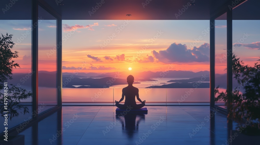 Fototapeta premium Serene Meditation with Scenic Sunset View from Modern Glass Room Overlooking Calm Water and Mountains in Tranquil Environment