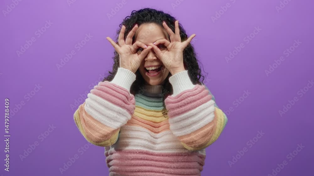 Woman smiling wearing colorful sweater playfully posing with her hands forming glasses against an isolated purple background expressing joy and creativity. Woman smiling wearing colorful sweater playfully posing with her hands forming glasses against an isolated purple background expressing joy and creativity.