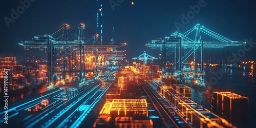Futuristic smart port at night.  Digital container terminal with glowing lines. Global trade and technology concept.