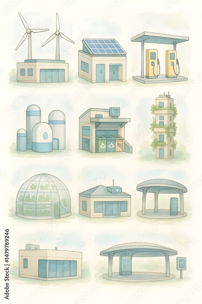 Obraz premium Eco Facility Icons – Wind Turbine Plant, Solar Workshop & EV Station