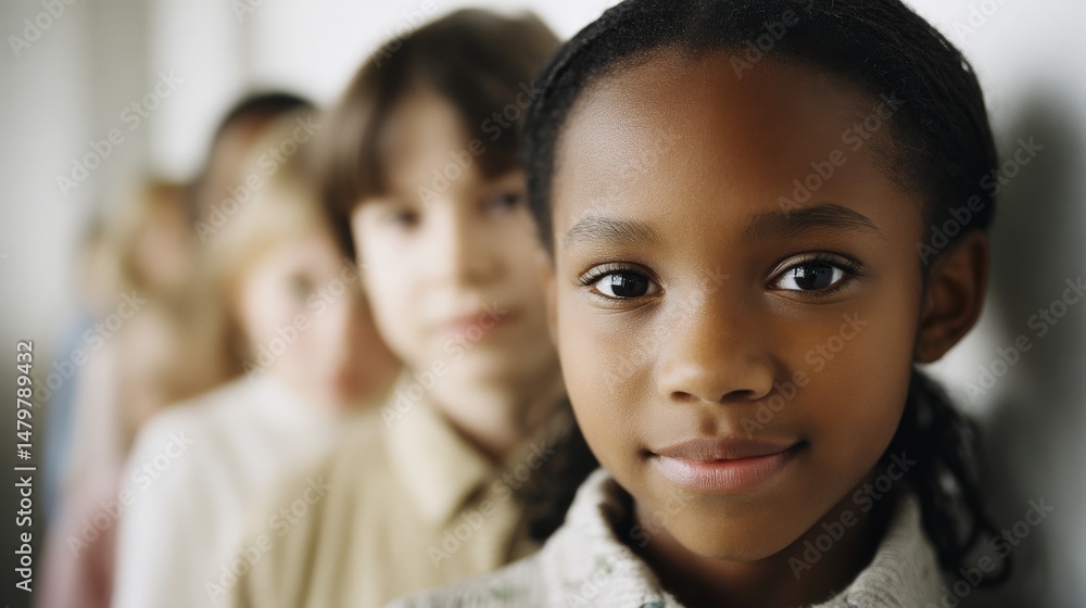 A lineup of school children, with one girl prominently smiling in focus, stands in a softly lit corridor, conveying innocence and friendship. A lineup of school children, with one girl prominently smiling in focus, stands in a softly lit corridor, conveying innocence and friendship.