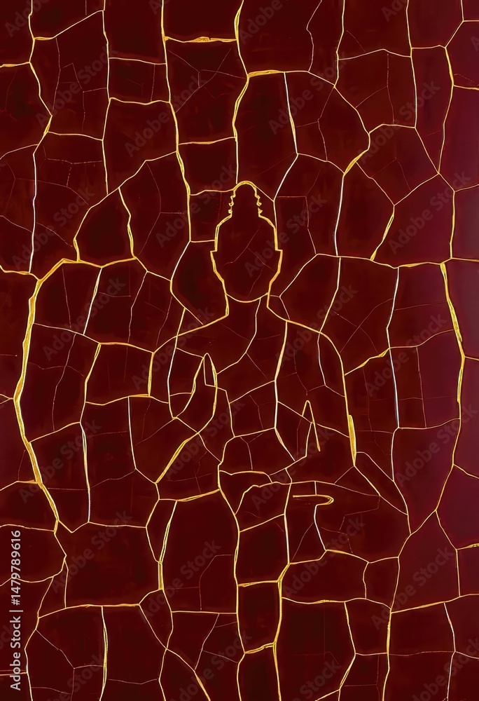 Obraz premium Golden Buddha Silhouette on Cracked Red Surface