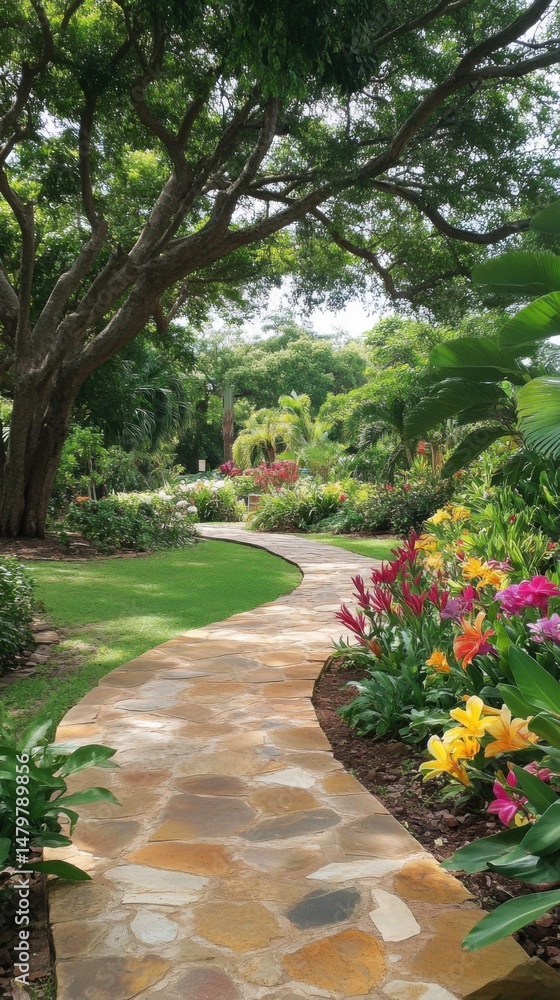 Fototapeta premium Serene Garden Path Leads Through Lush Tropical Foliage and Vibrant Flowers in a Peaceful Landscape View