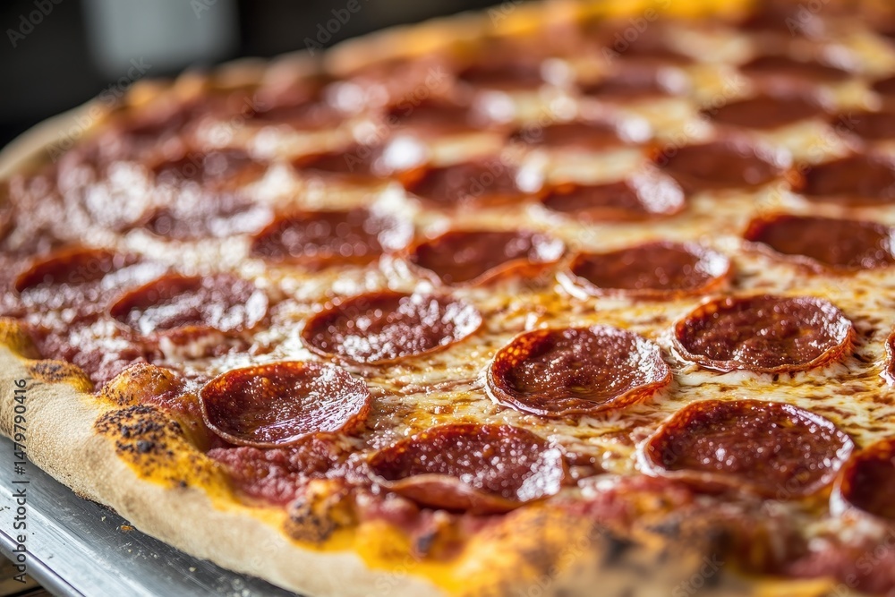 Delicious pepperoni pizza on a metal tray with cheese and golden crust. It can illustrate food blogs or promote pizza deals and restaurants. Delicious pepperoni pizza on a metal tray with cheese and golden crust. It can illustrate food blogs or promote pizza deals and restaurants.
