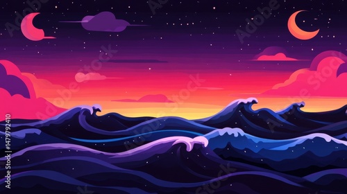 Stylized Ocean Waves Under Night Sky with Crescent Moons and Clouds Digital Illustration