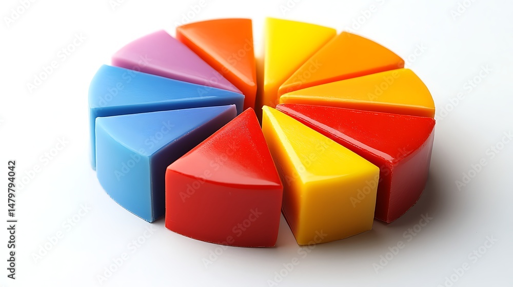Fototapeta premium Colorful pie chart made of plastic segments arranged in a circle on a white background