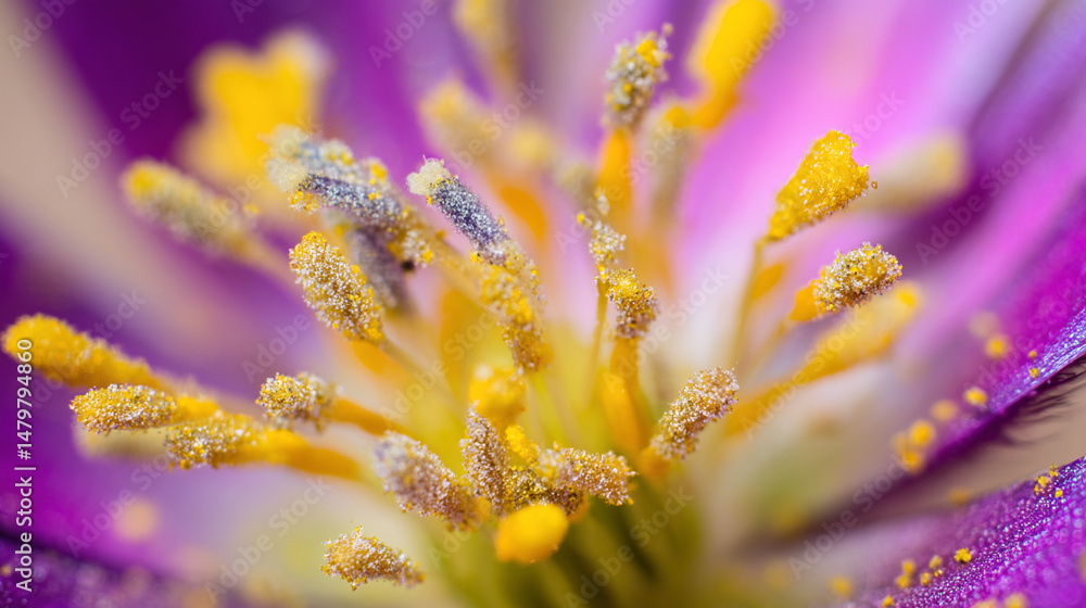Obraz premium Close up photography of a purple flower with yellow pollen and stamen floral macro detail