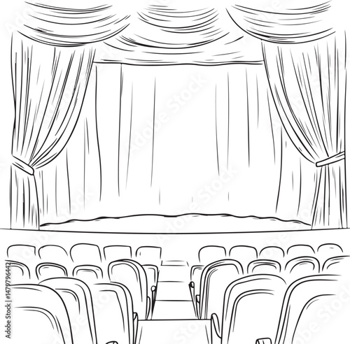 Theater Stage line art Illustration, Curtains and Empty Seats, Hand-Drawn Performance Scene vector art illustration. outline drawing theater stage with certain chair	