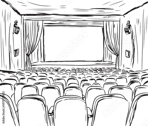 Theater Stage line art Illustration, Curtains and Empty Seats, Hand-Drawn Performance Scene vector art illustration. outline drawing theater stage with certain chair	
