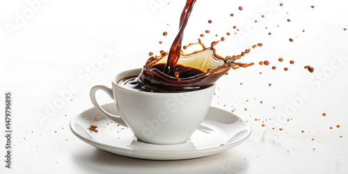 Liquid coffee pour and splash in a white cup on saucer a white background