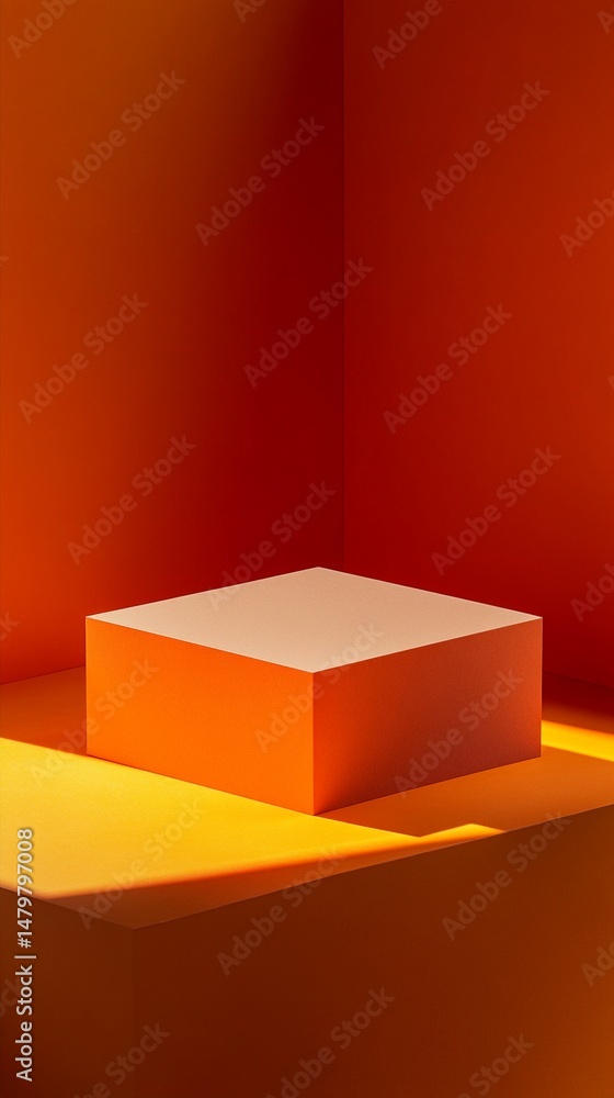 Fototapeta premium Minimalist geometric composition featuring a stark orange cube casting dramatic shadows on warm gradient background, exploring light and form