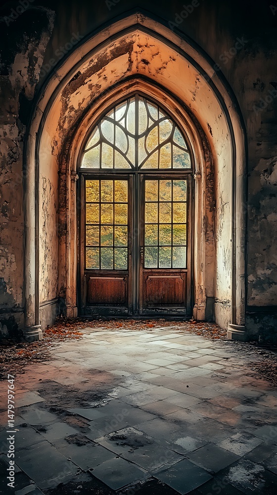 Arched Gothic Entrance: Exploring Architectural Decay and Sunlight Through Stained Glass Arched Gothic Entrance: Exploring Architectural Decay and Sunlight Through Stained Glass