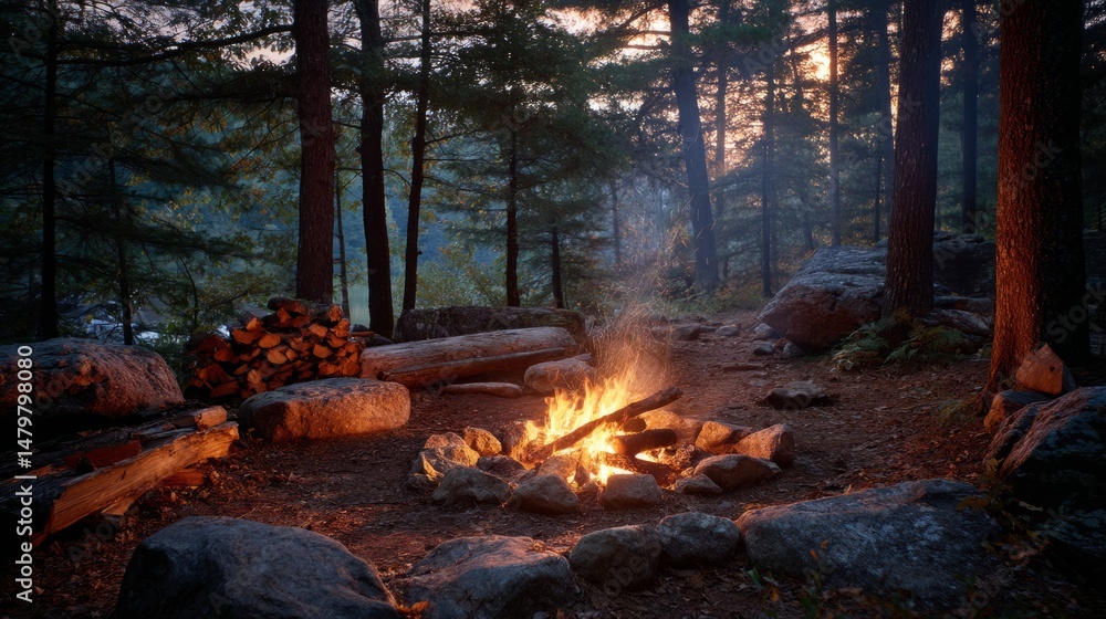 Twilight campsite with glowing embers and starry sky, a serene escape into nature's embrace
Twilight campsite with glowing embers and starry sky, a serene escape into nature's embrace