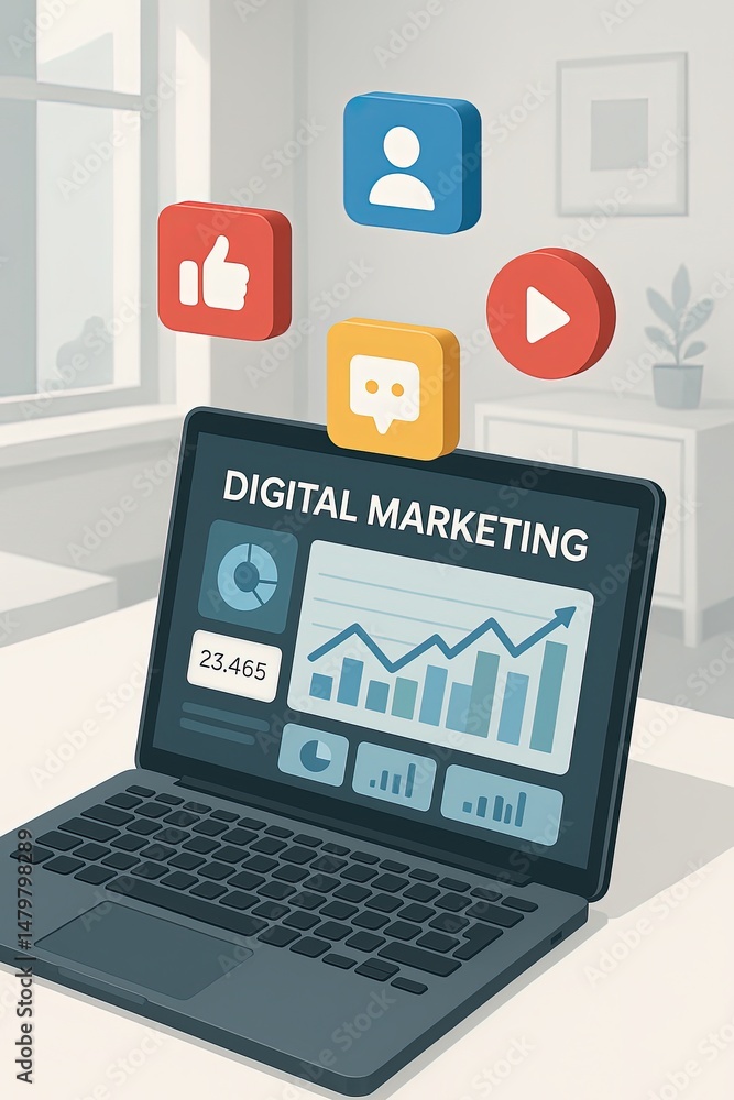 Isometric digital marketing dashboard on laptop with social media icons floating, clean office background Isometric digital marketing dashboard on laptop with social media icons floating, clean office background