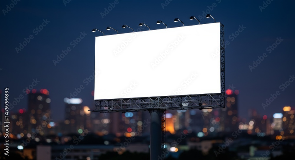 Fototapeta premium Blank billboard against city skyline at dusk ready for advertisement display